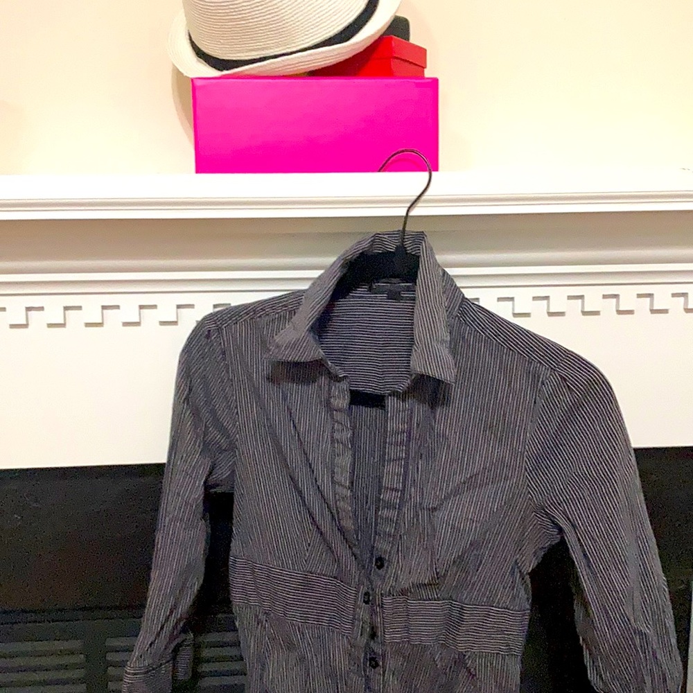 Women’s dress transform into a jacket shirt. Black Striped gray and burgundy.